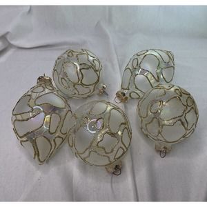 Set of 5 Clear Iridescent Glass Gold Glittler Leopard Christmas Ornaments 3"